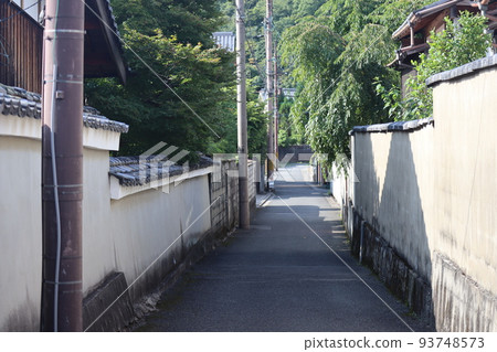 Landscape of a townscape with an alley in a residential area with many green trees surrounded by a fence Landscape of a townscape with an alley in a residential area with many green trees surrounded by a fence 93748573