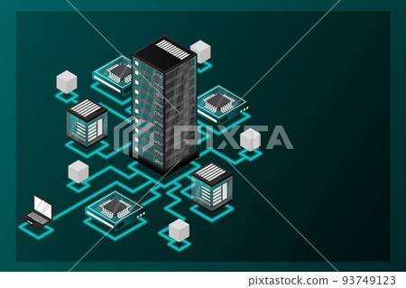 Concept of data network management .Vector isometric map with business networking servers computers and devices 93749123