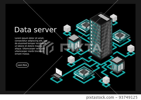 Concept of data network management .Vector isometric map with business networking servers computers and devices 93749125
