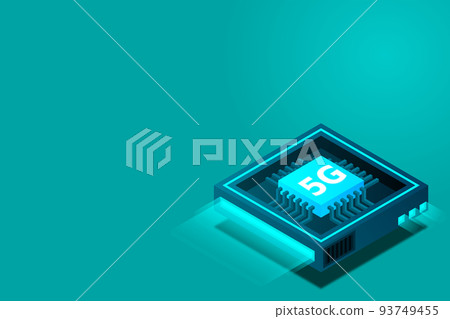 5G network processor illustration. Mobile wireless internet of next generation. Isometric futuristic micro chip. micro chip illustration 93749455