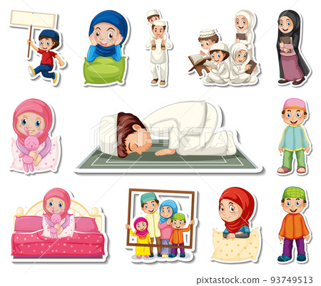 Sticker set of Islamic religious symbols and cartoon characters 93749513