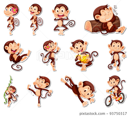 Sticker set of funny monkey cartoon characters Sticker set of funny monkey cartoon characters 93750317