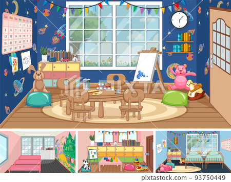 Set of different kindergarten classroom scenes 93750449
