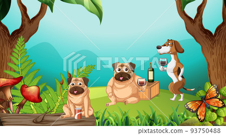 Outdoor park scene with many dogs and camels Outdoor park scene with many dogs and camels 93750488