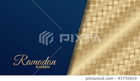 Ramadan holiday banner with white handwritten inscription Ramadan Kareem and dark blue arabic pattern 93750929