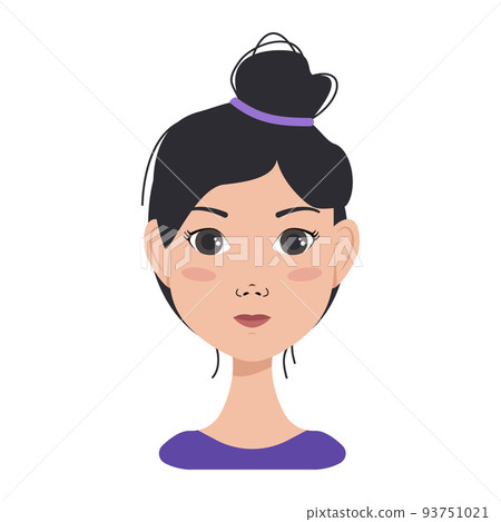 Icon of facial expressions avatars of an asian woman with dark hair. Different female emotions. Attractive cartoon character. Vector illustration 93751021