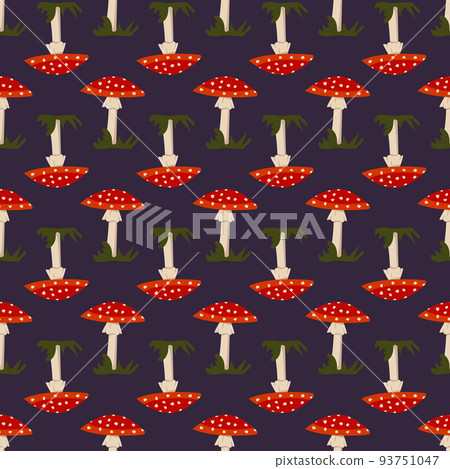 Seamless pattern with amanita mushroom with red hat and white dots and grass on dark background. Bright fly agaric print Seamless pattern with amanita mushroom with red hat and white dots and grass on dark background. Bright fly agaric print 93751047