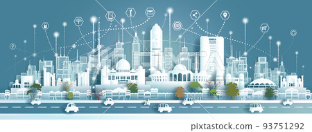 Technology wireless network communication smart city with architecture landmarks Uzbekistan. 93751292