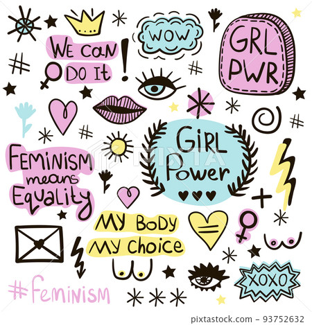 Black and color Feminist symbols vector icons set. Feminist symbols vector icons set. Handwritten lettering on the topic of women's activism. Black and color Feminist symbols vector icons set. Feminist symbols vector icons set. Handwritten lettering on the topic of women's activism. 93752632
