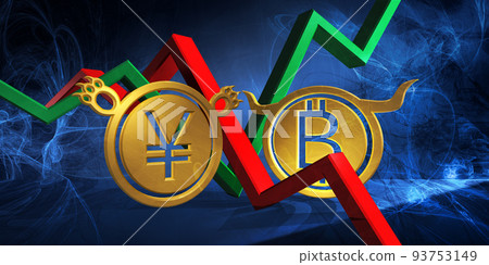 bullish btc to bearish jpy or cny currency. foreign exchange market 3d illustration of bitcoin to japanese yen or chinese yuan. money represented as golden coins bullish btc to bearish jpy or cny currency. foreign exchange market 3d illustration of bitcoin to japanese yen or chinese yuan. money represented as golden coins 93753149