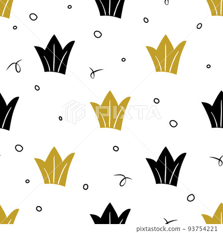 Gold and black Crowns seamless pattern . Cute baby and little princess design. Royalty crown symbol pattern. Children room wallpaper and clothes texture. Vector illustration. Gold and black Crowns seamless pattern . Cute baby and little princess design. Royalty crown symbol pattern. Children room wallpaper and clothes texture. Vector illustration. 93754221