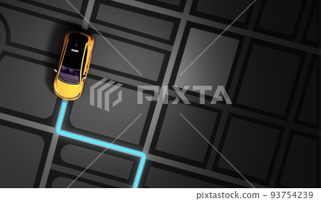 taxi cab online internet service transportation concept  yellow taxi on darck gps map 3d render illustration 93754239