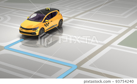 taxi cab online internet service transportation concept yellow taxi on light gps map 3d render illustration 93754240