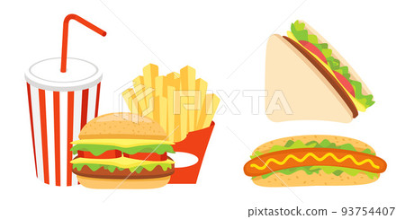 Collection set of fast food object hot dog sandwich soft drink hamburger french fries Collection set of fast food object hot dog sandwich soft drink hamburger french fries 93754407