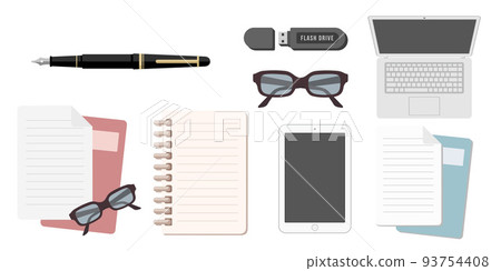 Collection set of office obejct glasses notebook paper document tablet fountain pen flash drive Collection set of office obejct glasses notebook paper document tablet fountain pen flash drive 93754408
