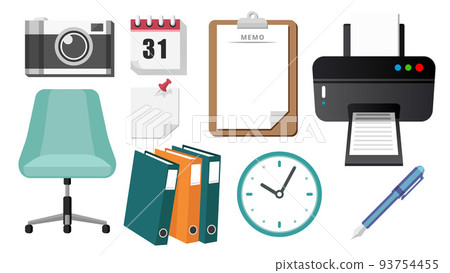 Collection set of office obejct printer clock pen clipboard memo note file folder chair calendar Collection set of office obejct printer clock pen clipboard memo note file folder chair calendar 93754455