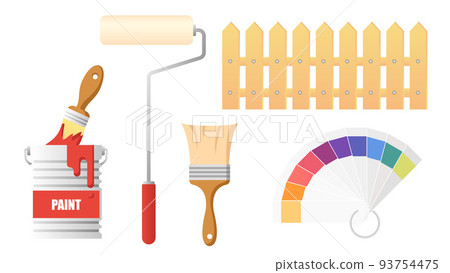 Collection set of paint object painting brush paint roller bucket color chart 93754475