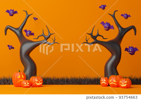 3d rendering Halloween day illustration. Dead tree with carved pumpkin, bats and black grass on orange background. 3d rendering Halloween day illustration. Dead tree with carved pumpkin, bats and black grass on orange background. 93754663