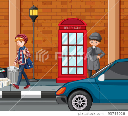 Detective looking for clues with magnifying glass in scene Detective looking for clues with magnifying glass in scene 93755026