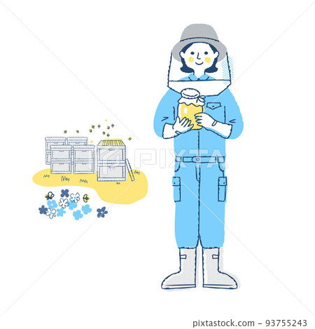 Bee farmer woman holding honey and apiary 93755243