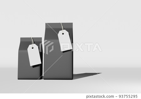Black standing box bottom pouch bag coffee branding 3D rendering. Merchandise packaging design. Shop sale demonstration. 93755295