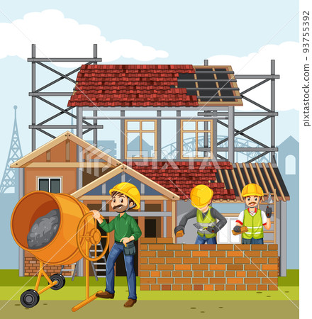 House construction site with workers House construction site with workers 93755392