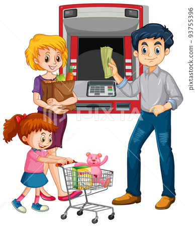 A man withdraw money from atm machine and his family cartoon character 93755396