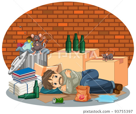 Homeless man lying near garbage Homeless man lying near garbage 93755397