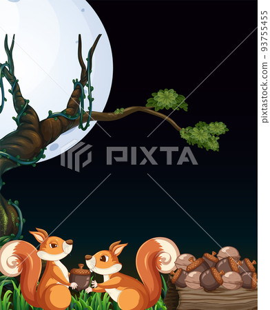 Scene with two squirrels collecting nuts at night 93755455