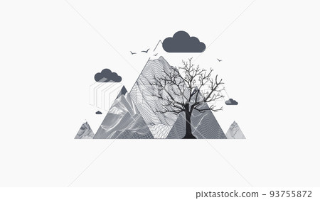 Art concept. Abstract mountains with clouds. Silhouette of a tree. Art concept. Abstract mountains with clouds. Silhouette of a tree. 93755872