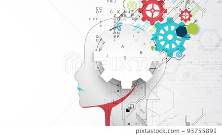 Artificial Intelligence. Technical background with a silhouette of a man. Big data concept. Machine cyber mind. 93755891