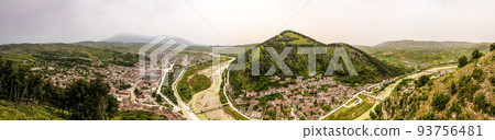 360 degrees Panoramic aerial view to Berat old town and Osum river from Berat Castle , Albania 360 degrees Panoramic aerial view to Berat old town and Osum river from Berat Castle , Albania 93756481
