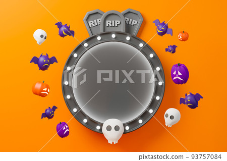3d rendering Halloween day illustration. Empty dark grey circle banner with Jack O lantern head, tombstone. skull and bat on orange background. 3d rendering Halloween day illustration. Empty dark grey circle banner with Jack O lantern head, tombstone. skull and bat on orange background. 93757084