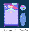 Sleepless woman. insomnia. With background, furniture and speech bubble. Smartphone lights up. 93757657