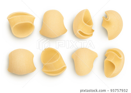 lumaconi pasta in wooden bowl isolated on white background with full depth of field. Set or collection lumaconi pasta in wooden bowl isolated on white background with full depth of field. Set or collection 93757932