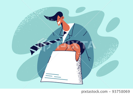 Smiling businessman stretch hand with paper  93758069