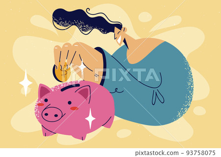 Smiling person saving money in piggybank Smiling person saving money in piggybank 93758075