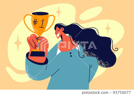 Smiling woman holding golden prize 93758077