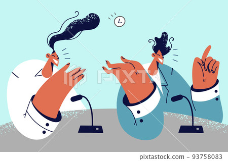 Happy businesspeople speak at business meeting  93758083