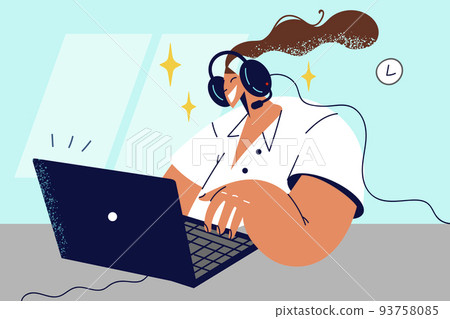 Happy woman in headset work on computer Happy woman in headset work on computer 93758085