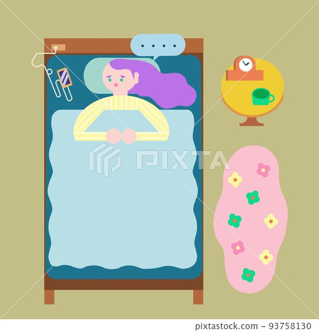 失眠的女人。失眠。有背景和講話泡泡。花卉地毯。 93758130