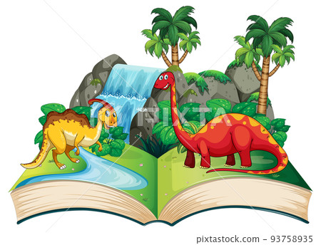 Opened book with various dinosaurs cartoon 93758935
