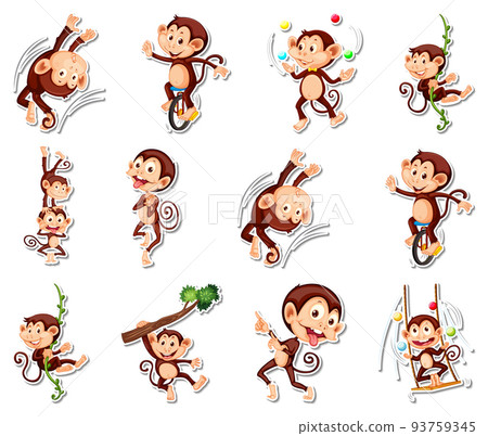Sticker set of funny monkey cartoon characters - Stock Illustration ...