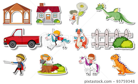 Sticker set of fantasy fairy tale cartoon characters Sticker set of fantasy fairy tale cartoon characters 93759348