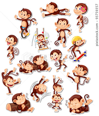 Sticker set of funny monkey cartoon characters - Stock Illustration ...