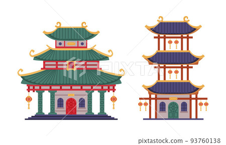 Pagoda as Chinese Tiered Tower with Multiple Eaves and Traditional Building Vector Set 93760138