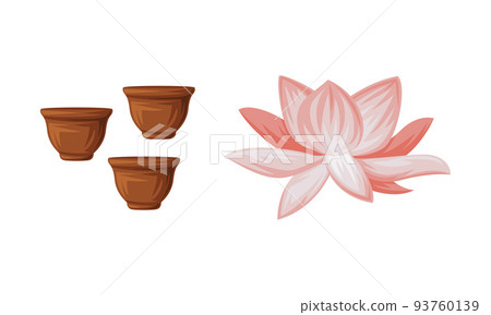 Pink Lotus Flower and Clay Tea Cup as China Object and Traditional Cultural Chinese Symbol Vector Set 93760139