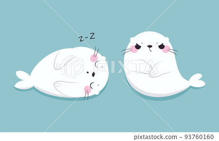 Cute Seal with White Fur and Pink Cheeks Sleeping and with Grumpy Face Vector Set Cute Seal with White Fur and Pink Cheeks Sleeping and with Grumpy Face Vector Set 93760160