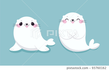 Cute Seal with White Fur and Pink Cheeks Smiling on Blue Background Vector Set Cute Seal with White Fur and Pink Cheeks Smiling on Blue Background Vector Set 93760162