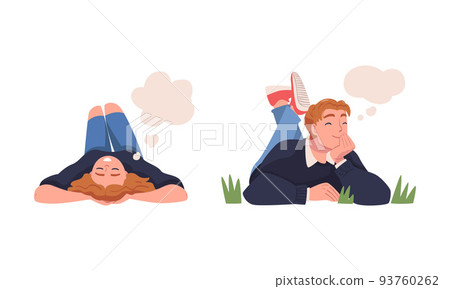 Man and Woman Character Dreaming Imagining and Fantasizing Having Spontaneous Thought in Bubble Vector Set 93760262